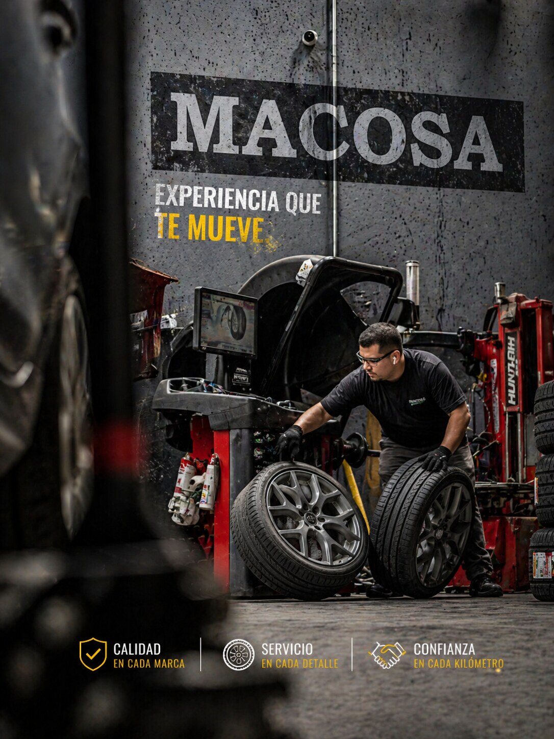 Técnico MACOSA en máquina de balanceo Hunter